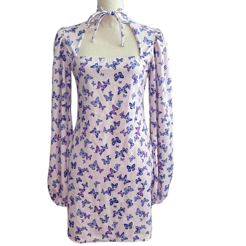 Boohoo lilac high neck butterfly bodycon mini dress